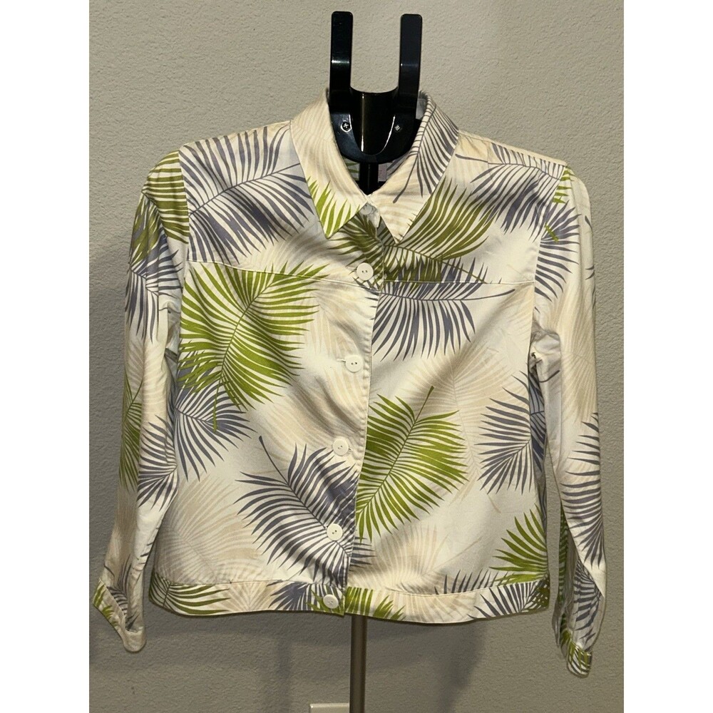 Hearts of Palm Palm Leaf Jacket Size 10 Cotton Spandex Button Front Tropical